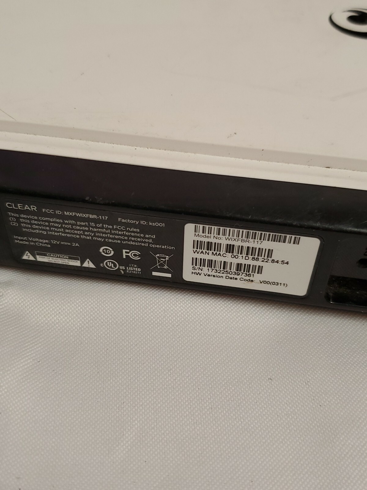 CLEAR Wireless Home Internet Modem WIXFBR-117 No Power Cable