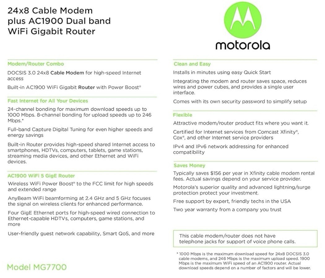 Motorola MT7711 24X8 Cable Modem and AC1900 Dual Band Wi-Fi Gigabit Router NEW