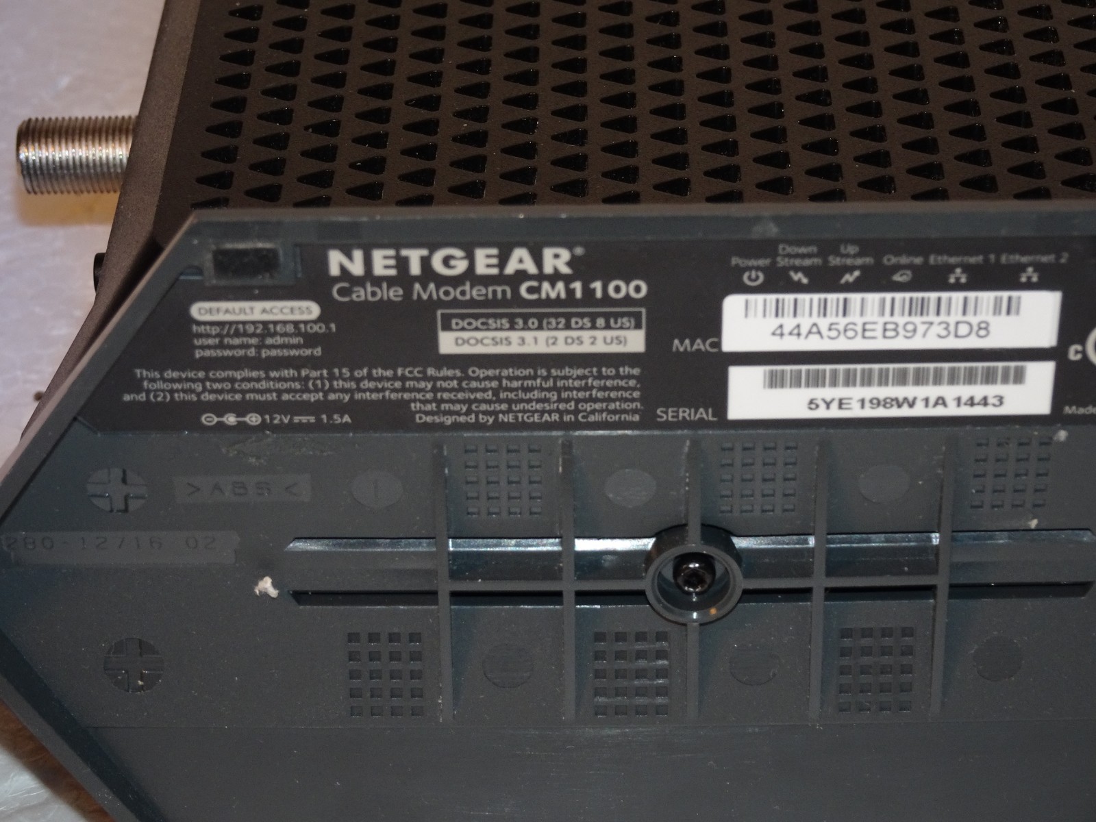NETGEAR CM1100 Multi-Gig Cable Modem DOCSIS 3.1 – w/Power Supply