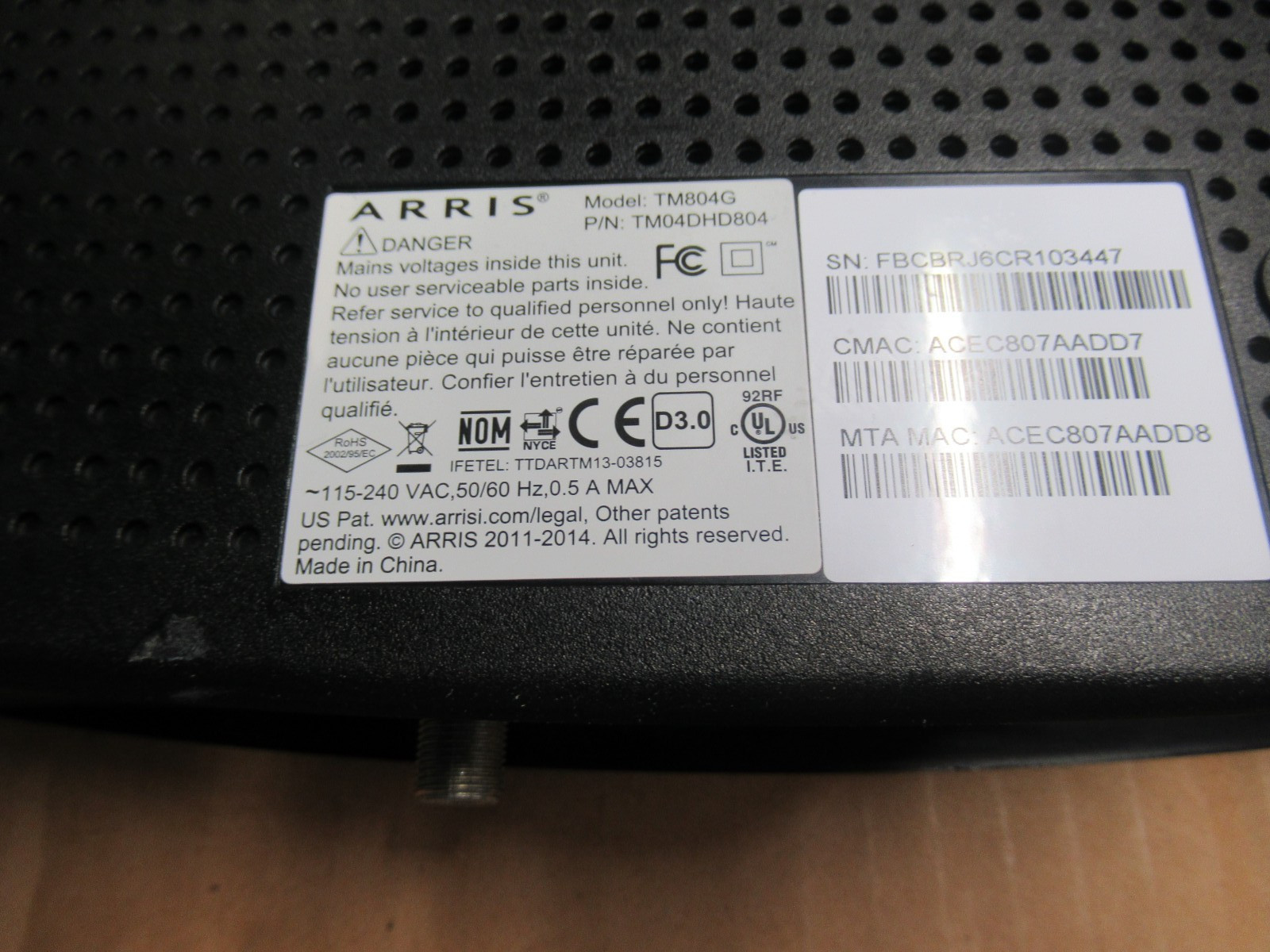 Arris Touchstone TM804G Telephony Cable Modem Docsis 3.0 No Adapter