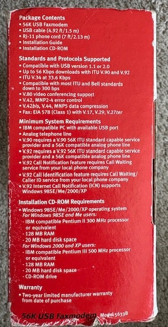 US Robotics USR 56K Ext USB Faxmodem 5633B Modem for Windows 98SE/Me/2000/XP
