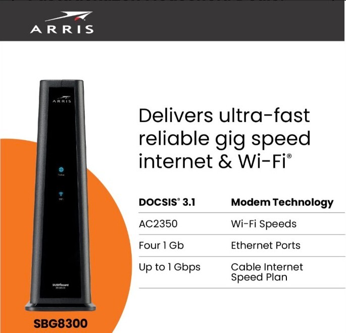 Arris Surfboard SBG8300 Black DOCSIS 3.1 Gigabit Cable Modem DC12VDC