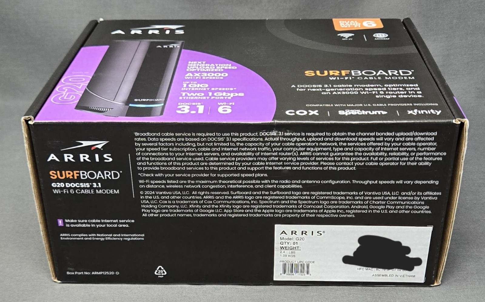 ARRIS G20 DOCSIS 3.1 Cable Modem & AX3000 WiFi 6 Router, NEW (Sealed)