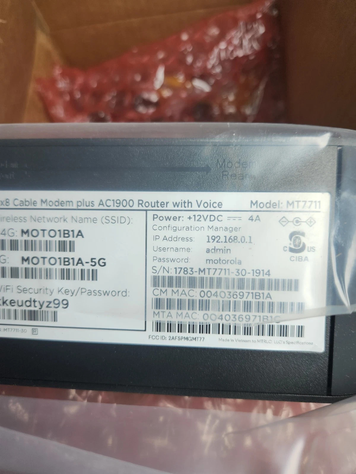 Motorola MT7711 24X8 Cable Modem Dual Wi-Fi Gigabit Router w/ Voice Refurbished