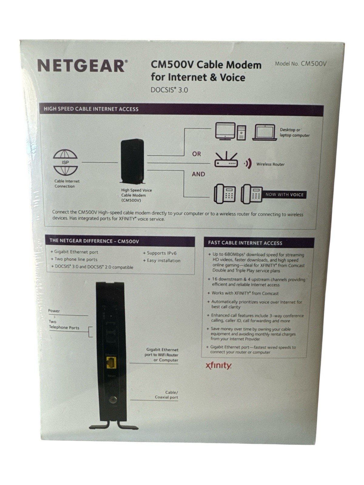Netgear CM500V 16×4 DOCSIS 3.0 680Mbps High Speed Cable Modem with Voice Sealed