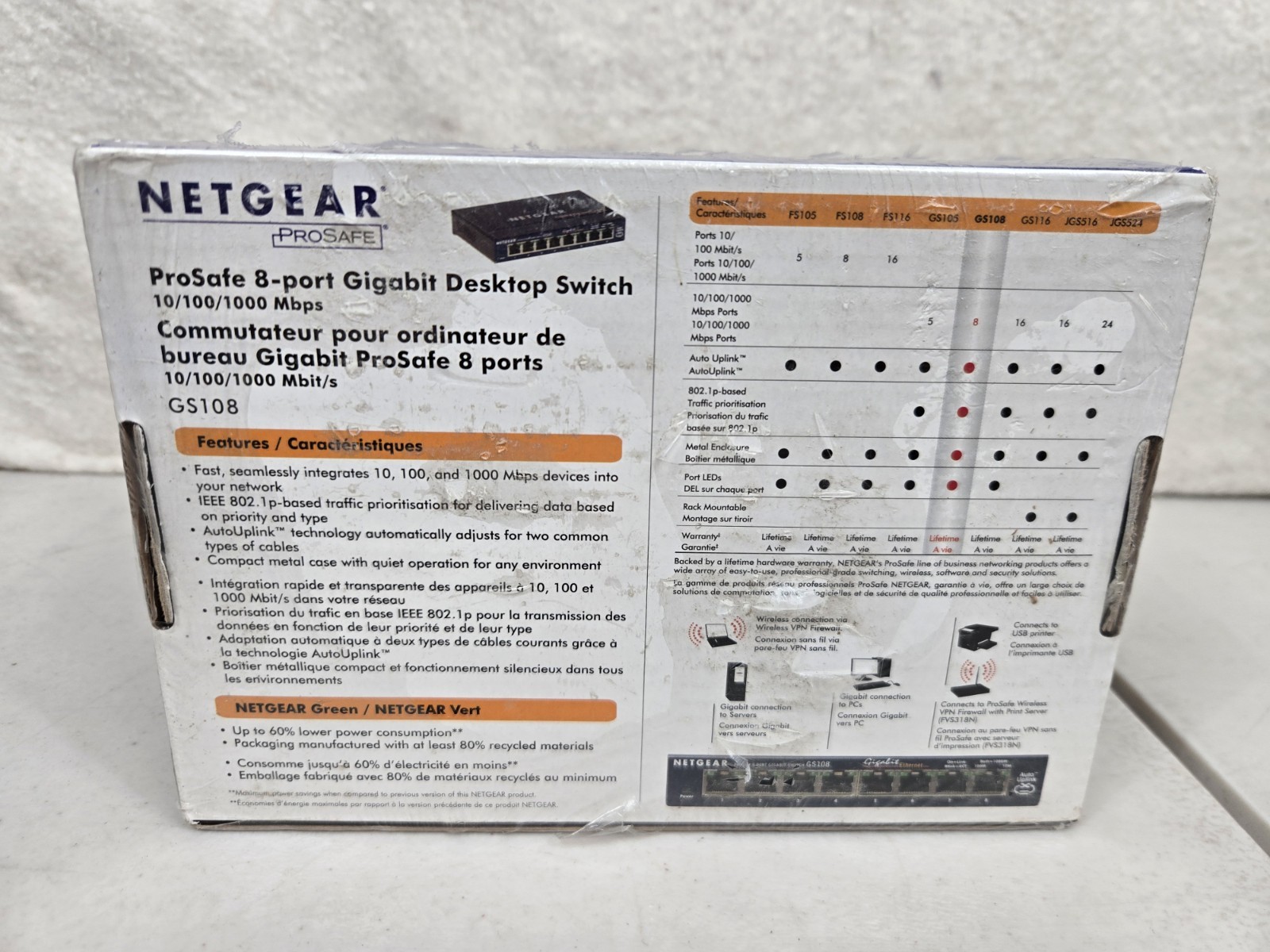 Netgear Prosafe 8 Port Gigabit Switch GS108 10/100/1000 Mbps New in Box