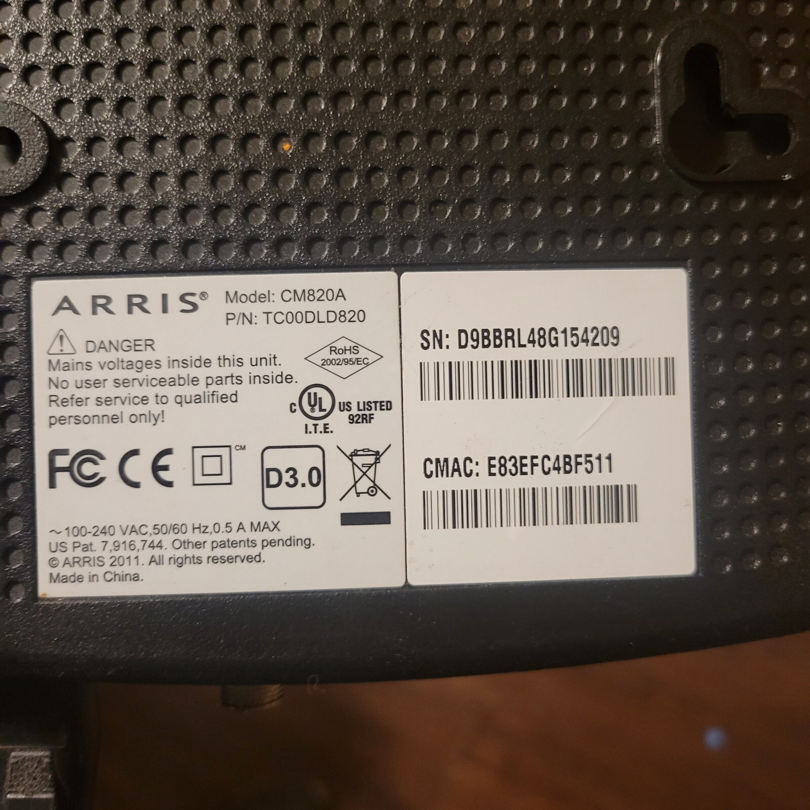 Arris CM820A TC00DLD820 CM820A/NA DOCSIS 3.0 Cable Modem w/ Power Cord