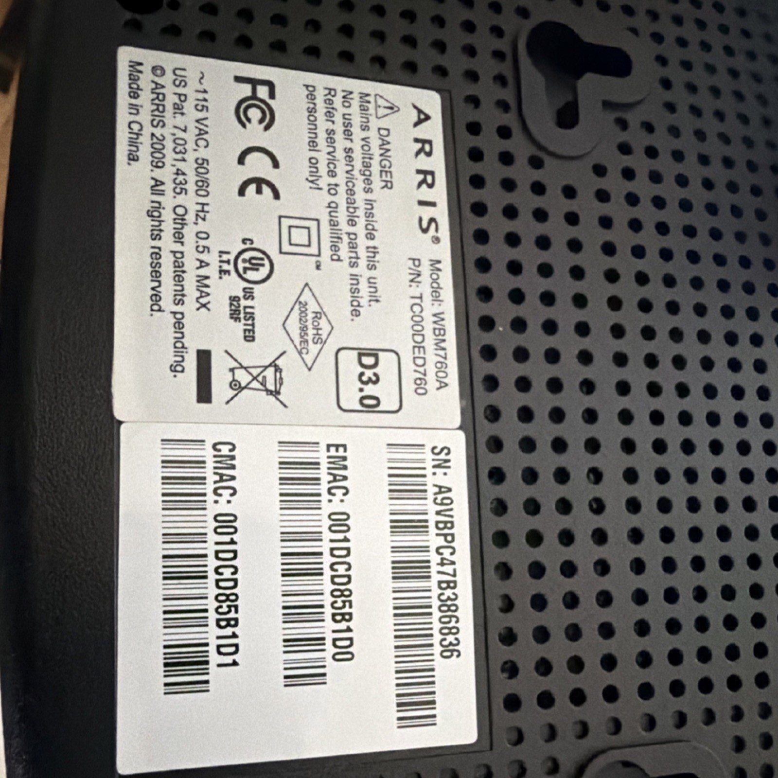 ARRIS Touchstone WBM760A DOCSIS 3.0 Cable Modem 343 Mbps RJ-45 Black