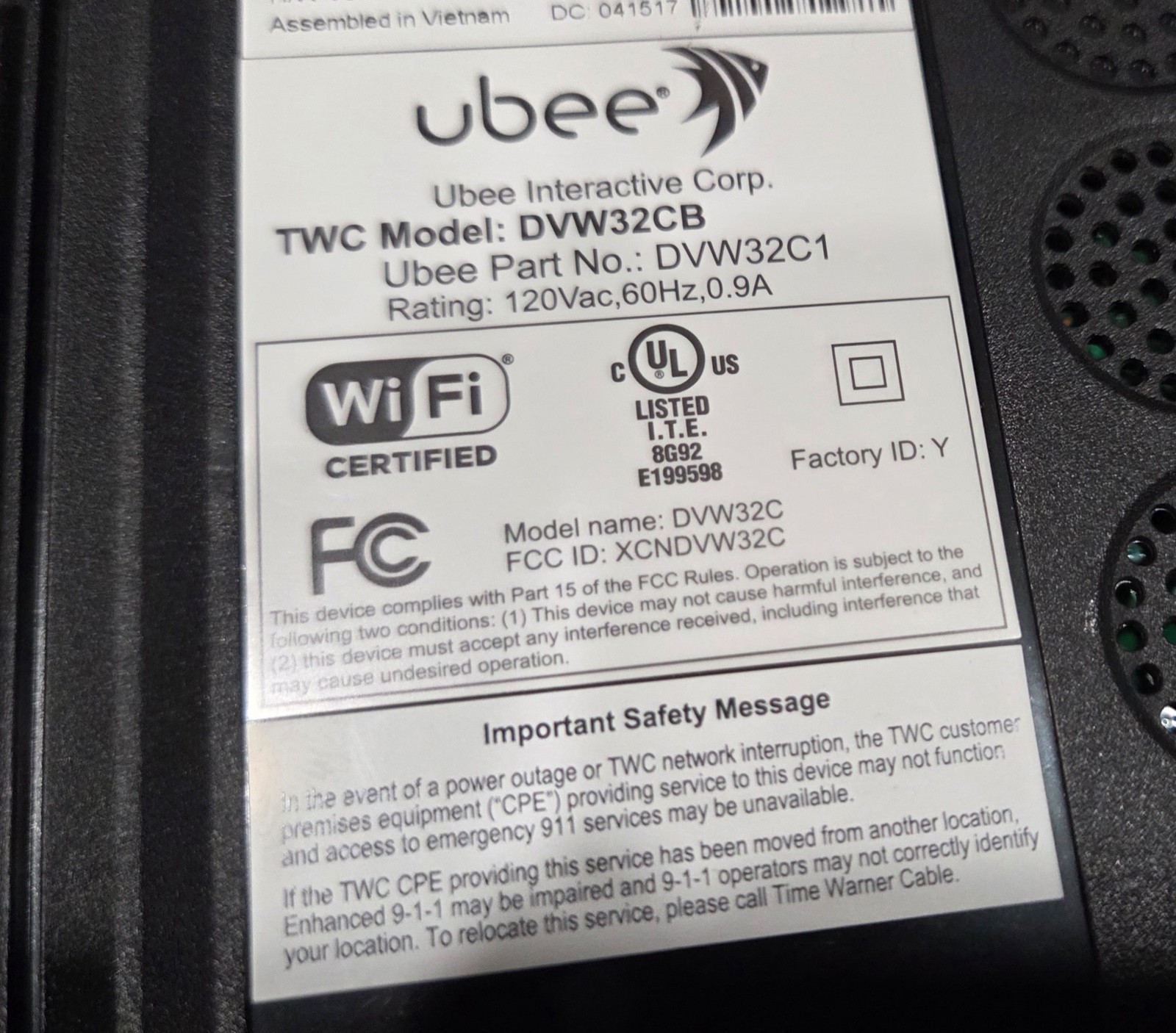 Ubee DVW32CB Advanced Wireless Voice Gateway Modem & Router power cord