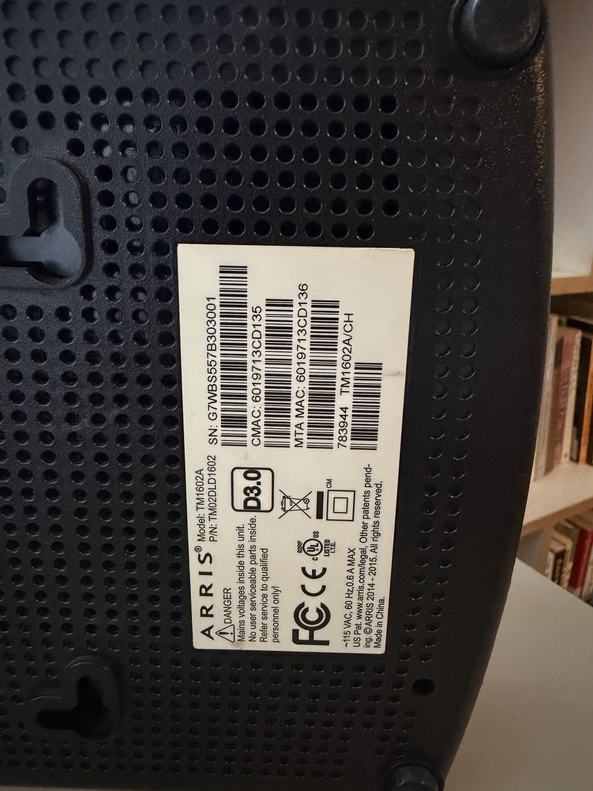 ARRIS TM1602A DOCSIS 3.0 Cable Modem w/ Power Adapter Ethernet Cable Optimum