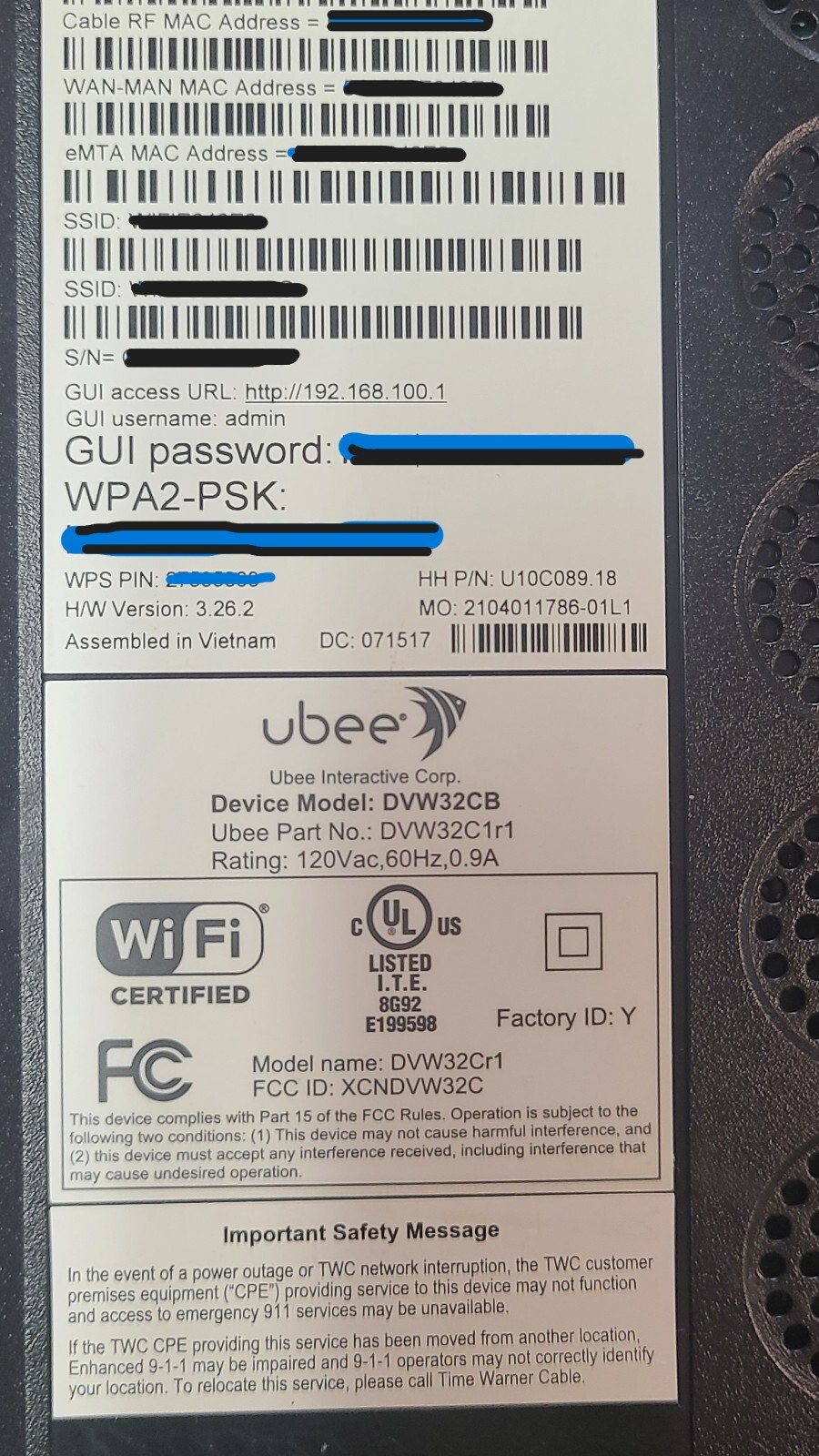 Ubee DVW32CB Modem and Router
