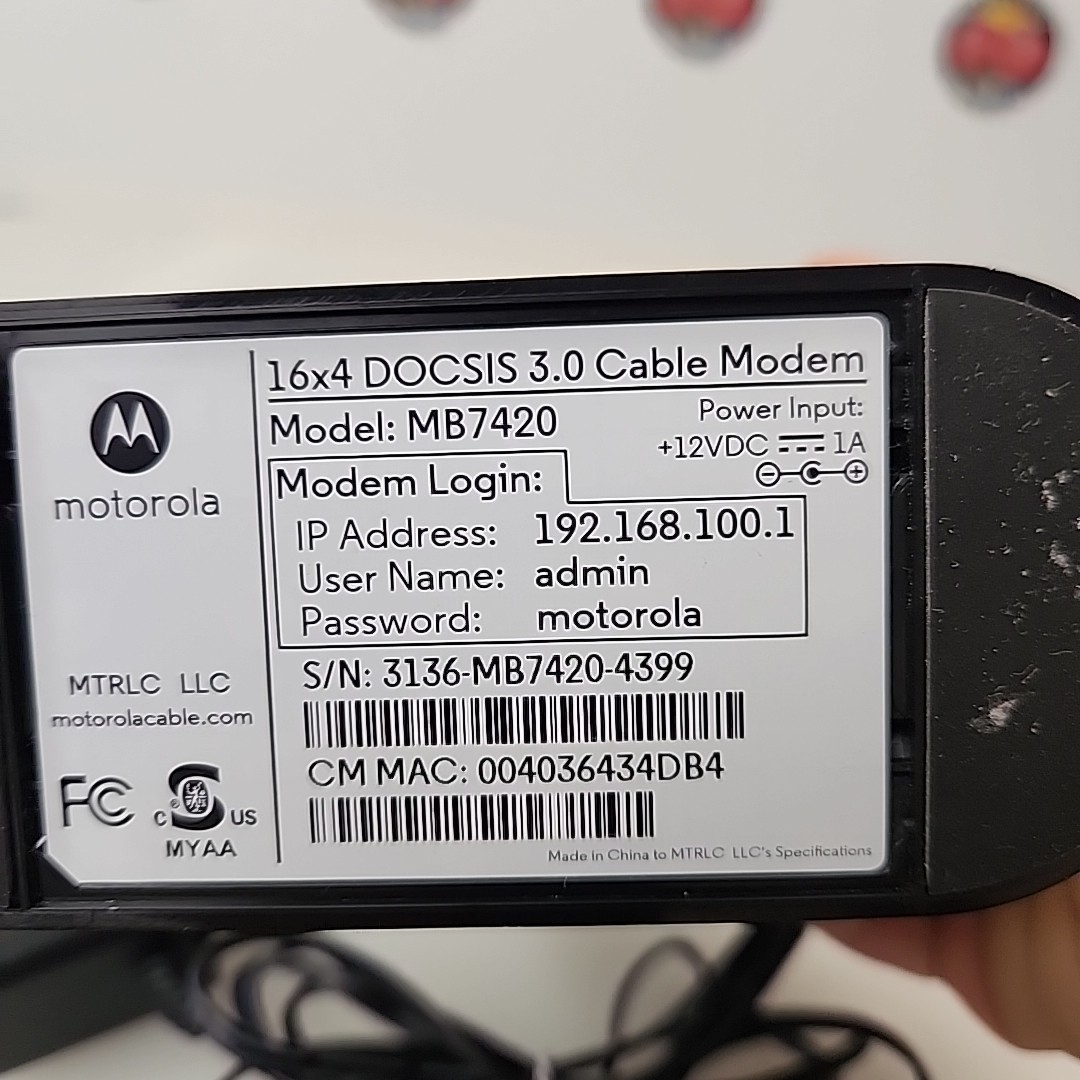 Motorola 16×4 DOCSIS 3.0 Cable Modem 686 Mbps MB7420 W/power Cord