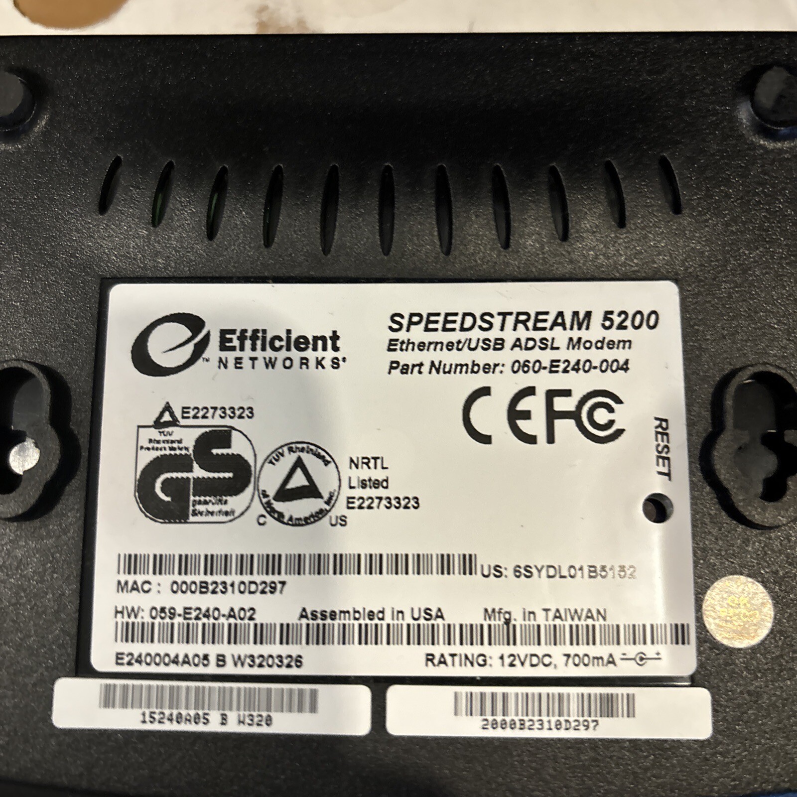 Speedstream 5200 Ethernet USB ADSL Modem 060-E240-004 Efficient Networks +EXTRAS