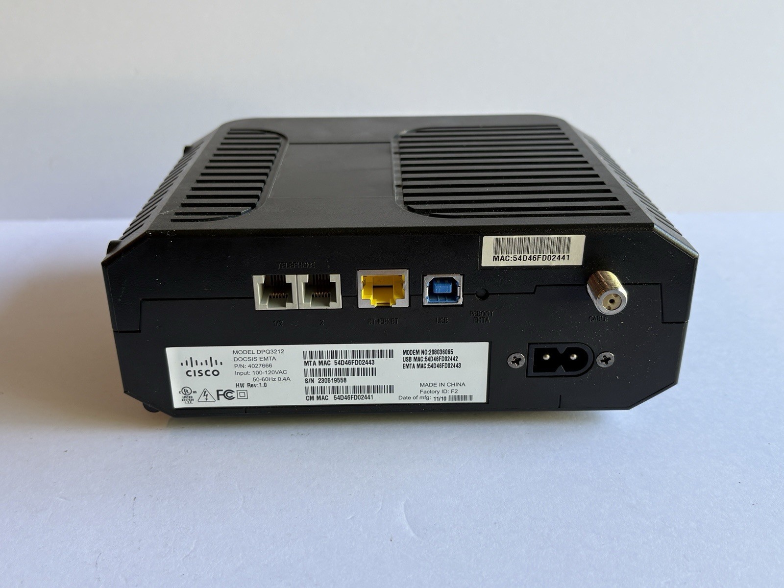Cisco DPQ3212 DOCSIS 3.0 Cable Modem 300 Mbps USB Ethernet RJ-11 P/N 4027666
