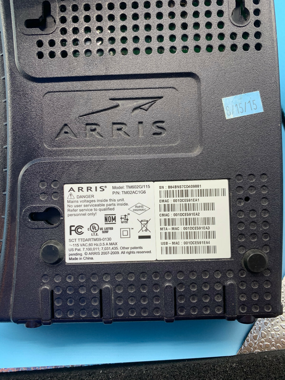 ARRIS TM602G/115 Touchstone Telephony Modem w/ Power Cord NO BATTERY