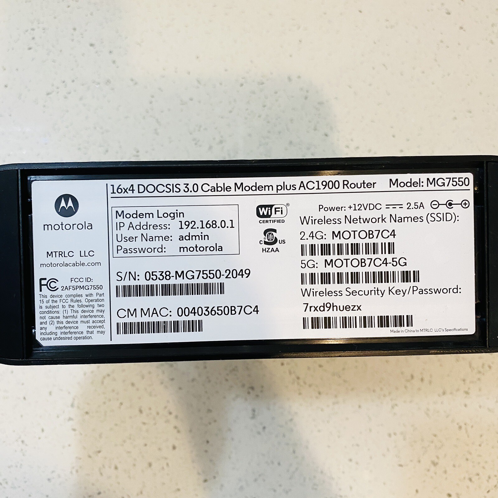 Motorola MG7550 (16×4) Cable Modem + AC1600 Dual Band Wi-Fi Router Tested Works