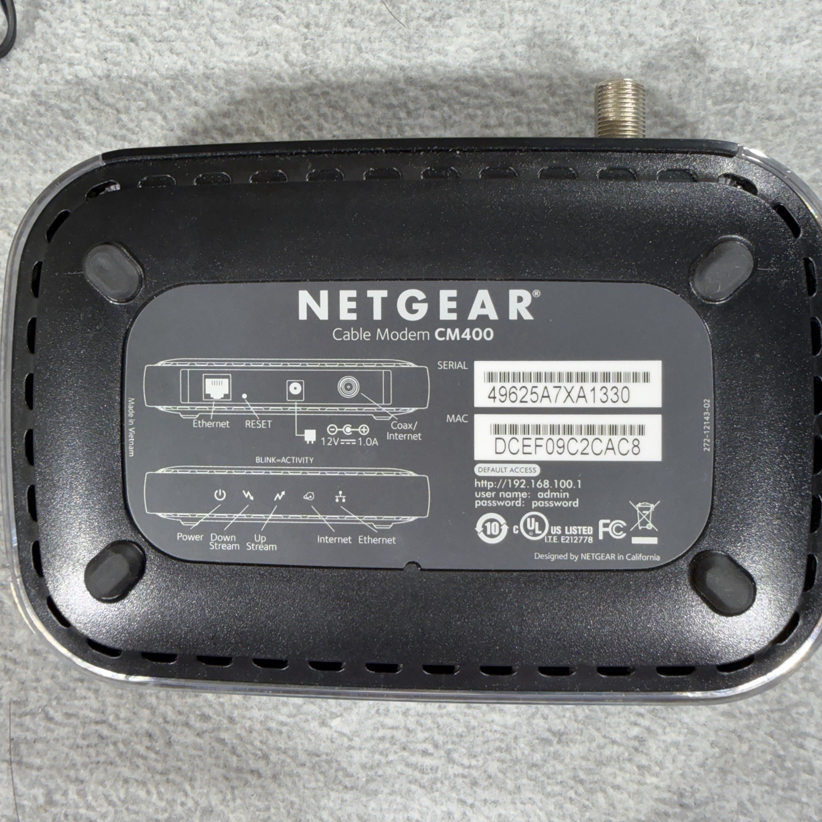 NETGEAR CM400 High Speed Cable Modem DOCSIS 3.0 w/ Power Adapter & Stand Mounts
