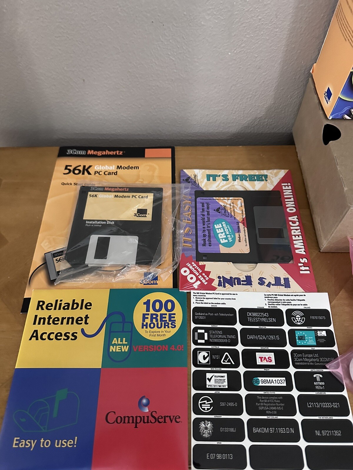 3Com 56K Global Modem Card W/ Box Cords, CD’s, Disk And Pamplets.