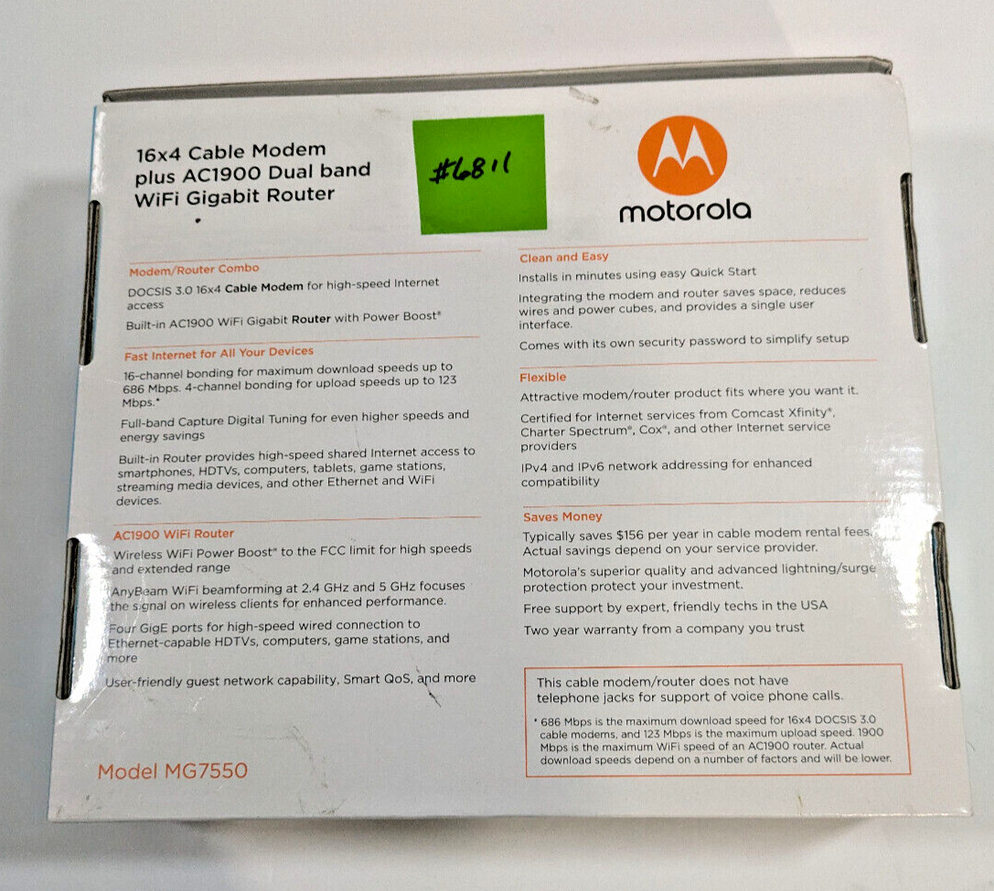 Motorola MG7550 16×4 High Speed ​​Cable Modem Plus AC1900 WiFi Router
