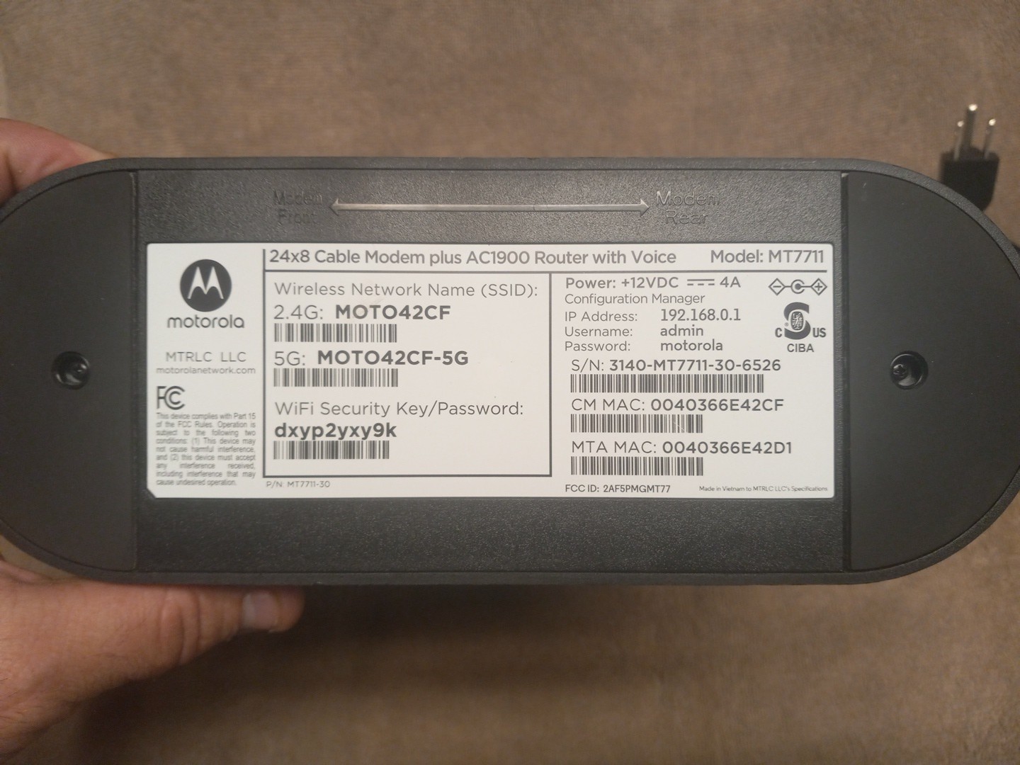 Motorola MT7711 Dual Band AC1900 Cable Modem and Wi-Fi Gigabit Router