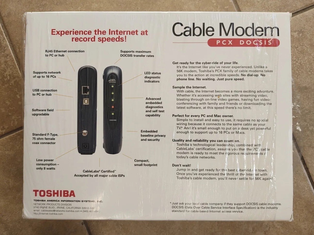 TOSHIBA CABLE MODEM PCX DOCSIS Model: PCX2200 USB/Ethernet PC Or Mac In Orig Box