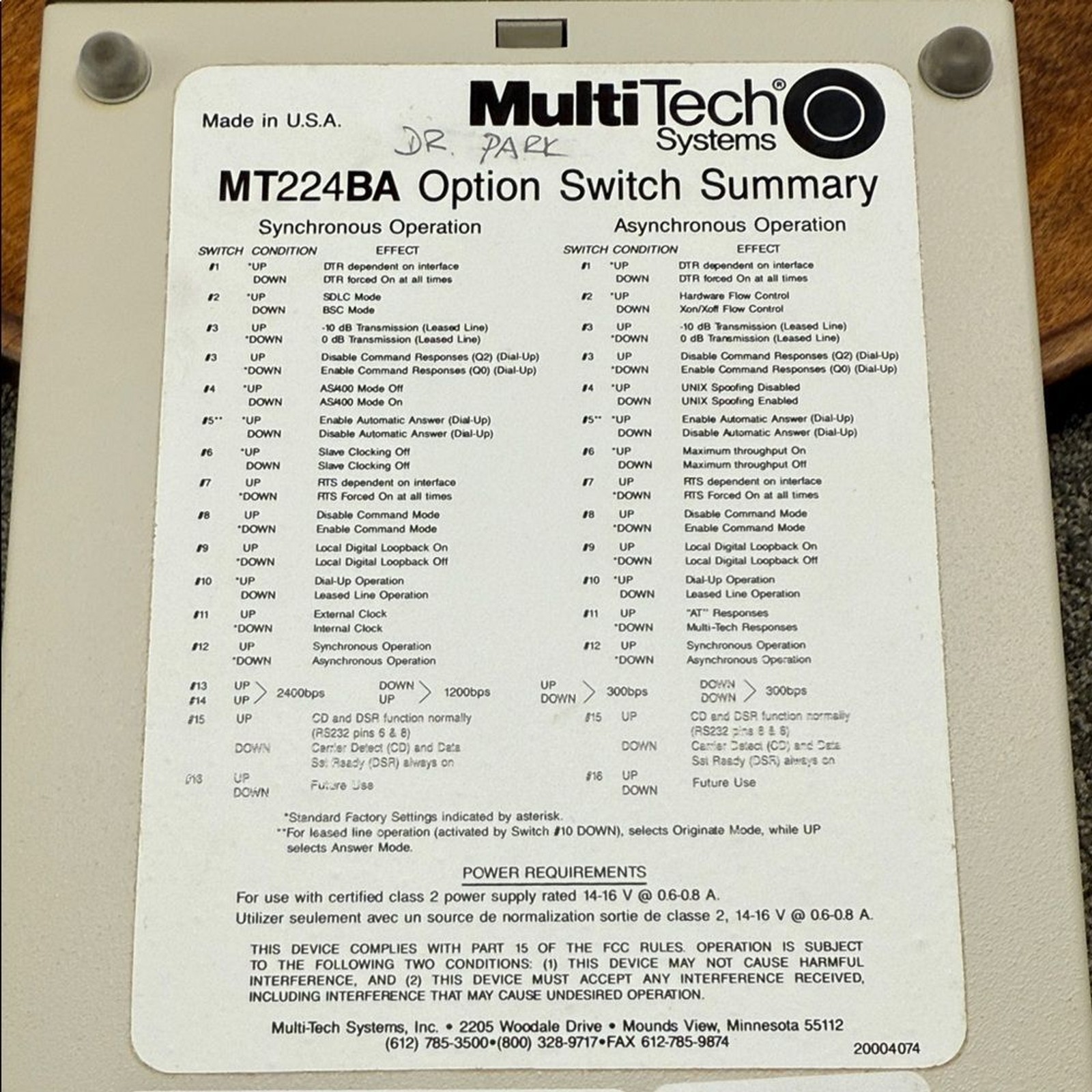 MultiTech Systems MultiModem MT224BA Modem Powers On Cords: Power & Connection