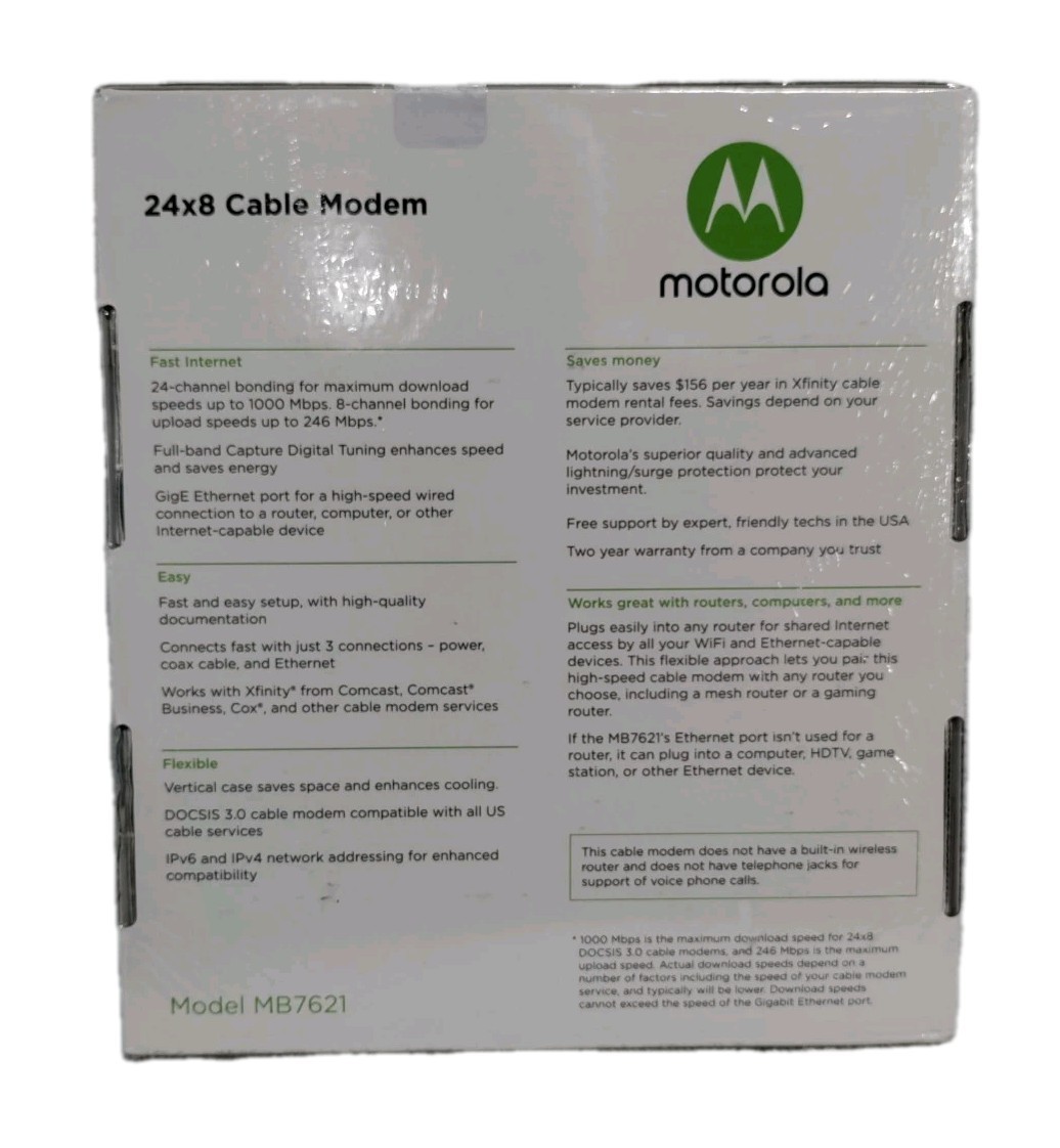 🆕 Motorola 24×8 Cable Modem Model MB7621 DOCSIS 3.0 – AC Adapter, LAN Cable