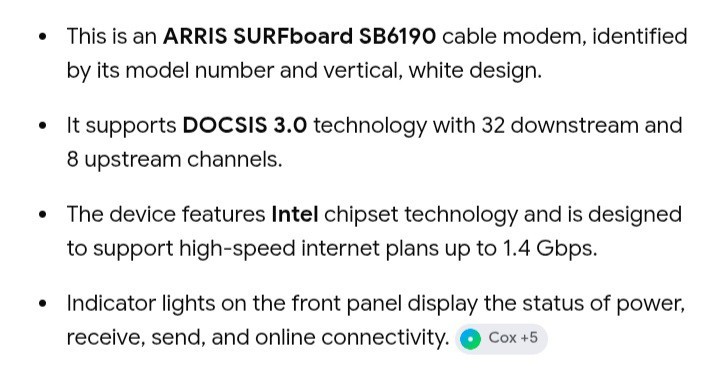 ARRIS SURFboard SB6190 DOCSIS 3.0 Cable Modem 1.4Gbps Intel 1-Port Cox White