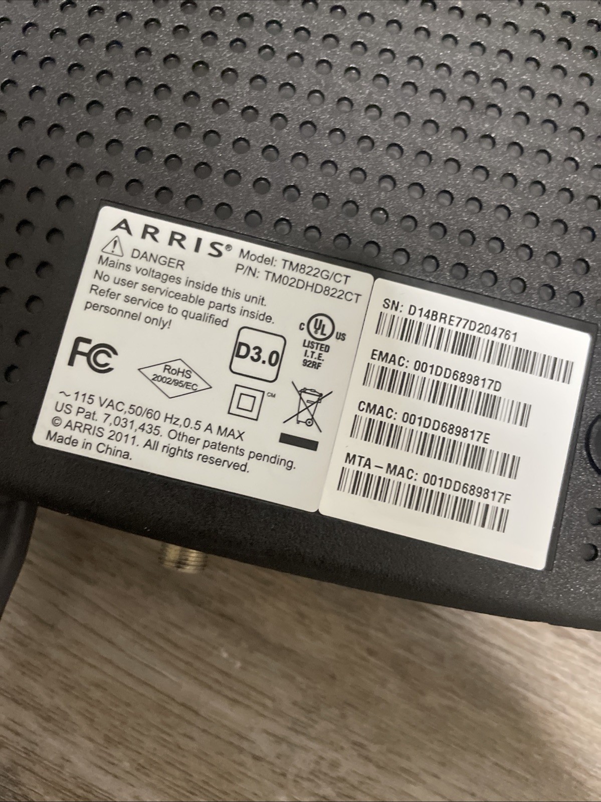 ArrisTM822 Touchstone DOCSIS 3.0 Cable Modem High Speed Internet Data NO BATTERY