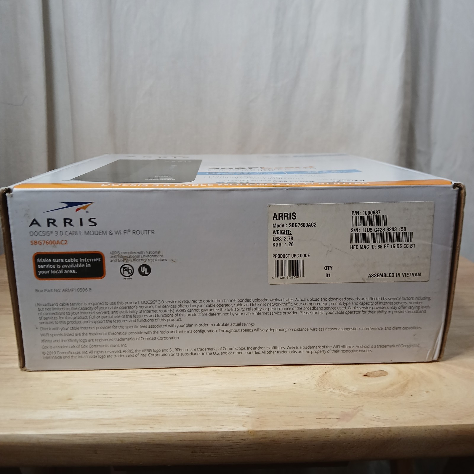 ARRIS SURFBOARD SBG7600AC2 DOCSIS 3.0 Cable Modem & AC2350 Wi-Fi Router W/ Power