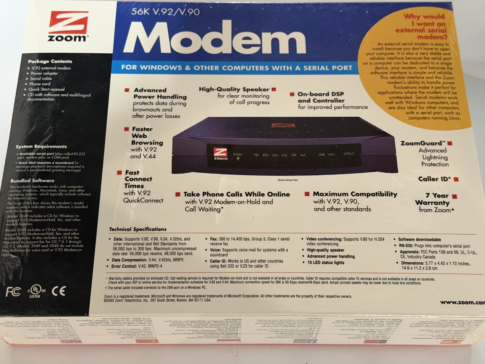 Zoom Model 3049 56K V.90 V.92 External Serial Data Fax Modem – New/Sealed Box
