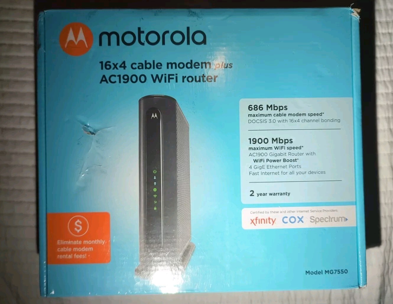 Motorola MG7550 16×4 DOCSIS 3.0 Cable Modem Plus AC1900 WiFi Router NEW SEALED