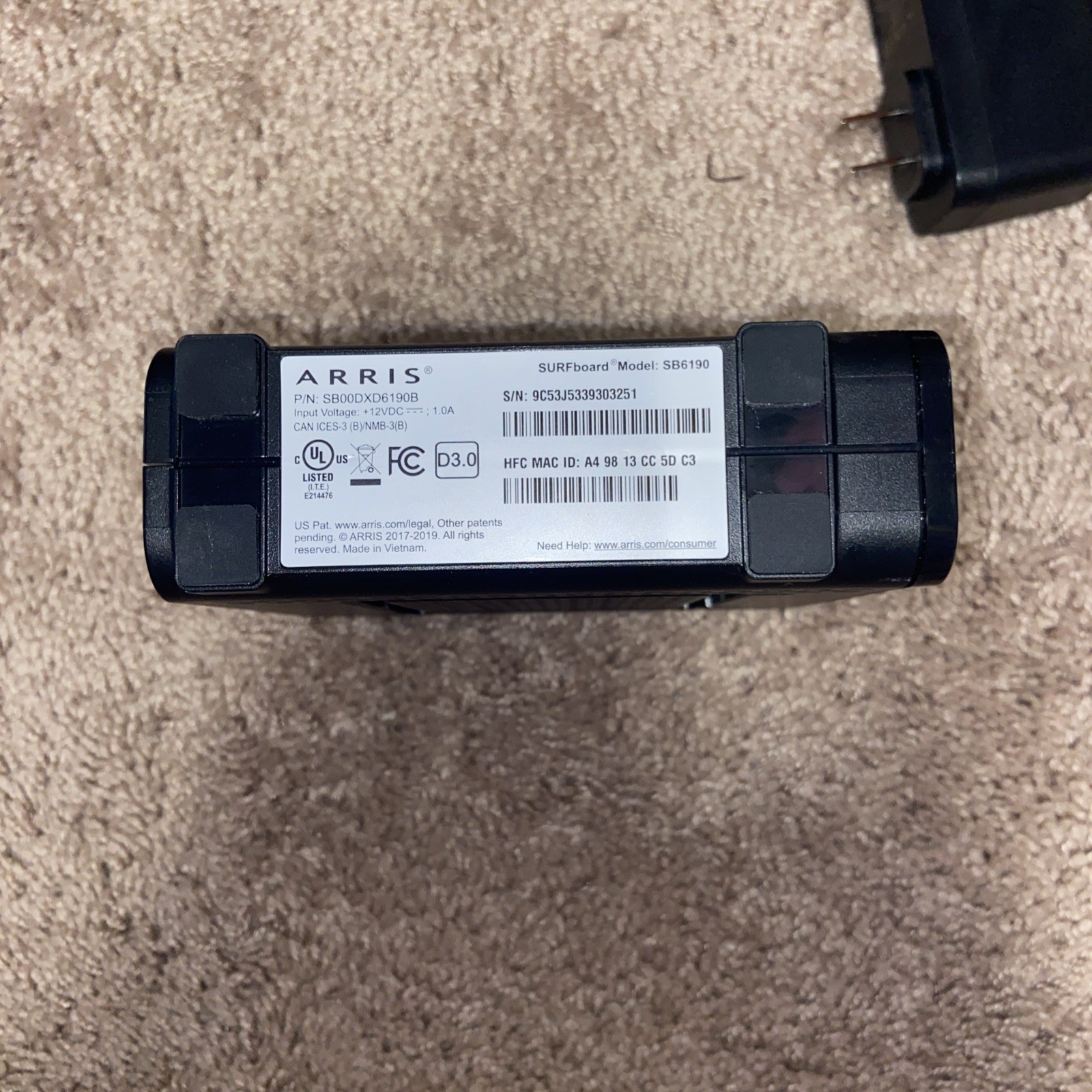 Arris Surfboard SB6190, includes AC adapter