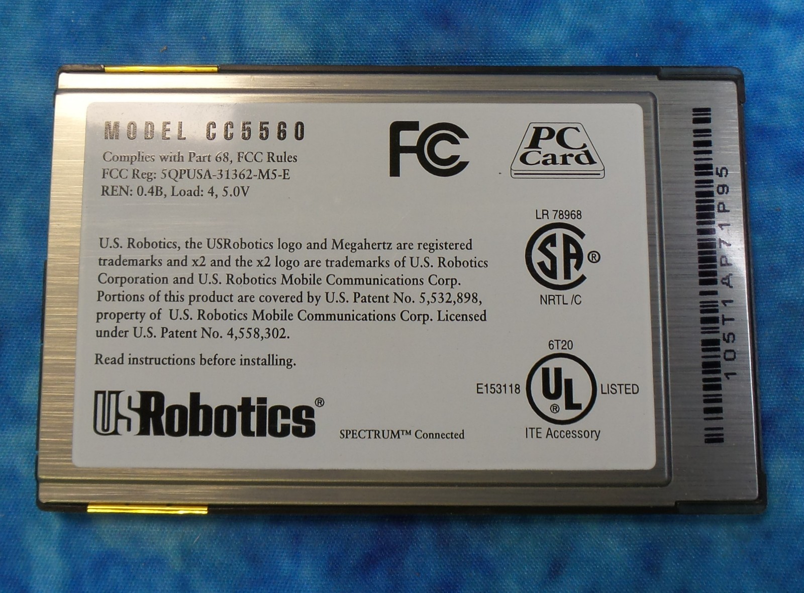 USRobotics 56k Megahertz PC Card Modem CC5560 Data/FAX/Voice w/modem cord