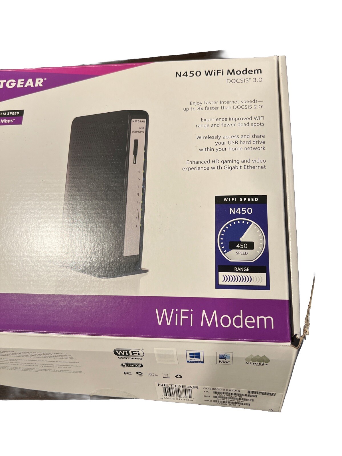 NETGEAR N450 Wireless Cable Modem WiFi Router CG3000Dv2 with Box