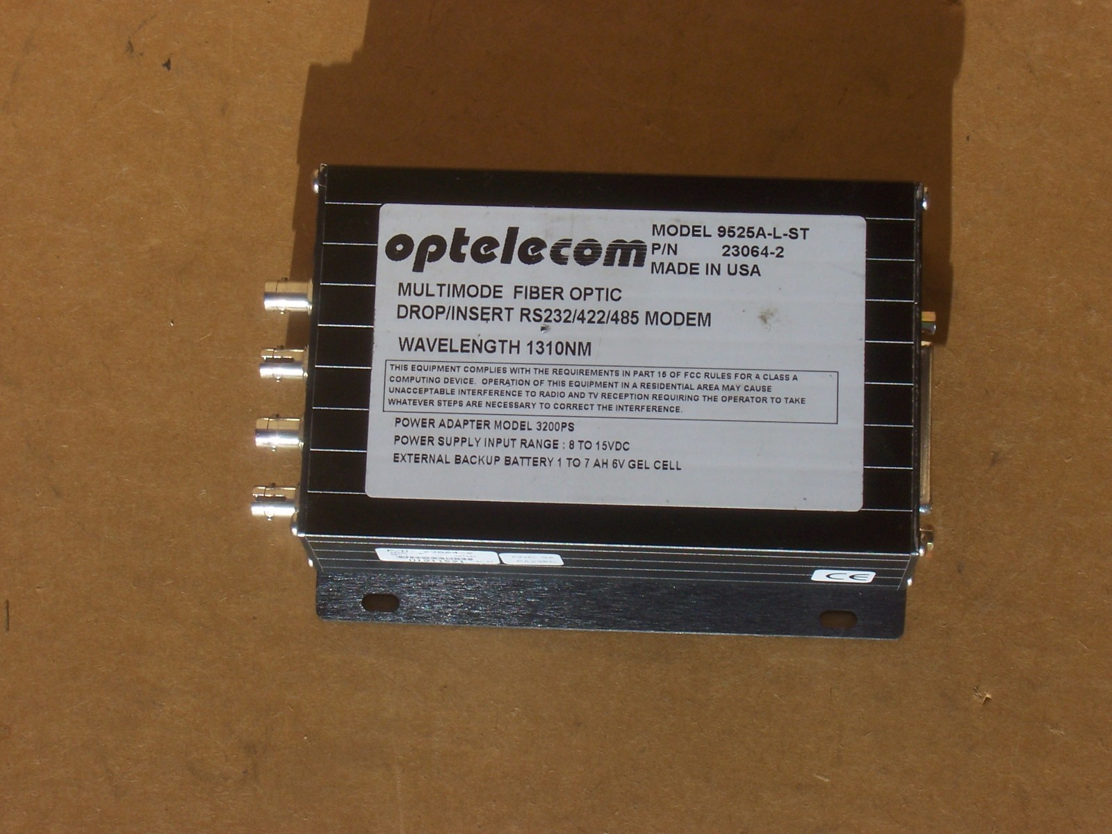Optelecom 9525A-L-ST Multimode Fiber Optic DROP/INSERT RS232/422/485 Modem 1310N