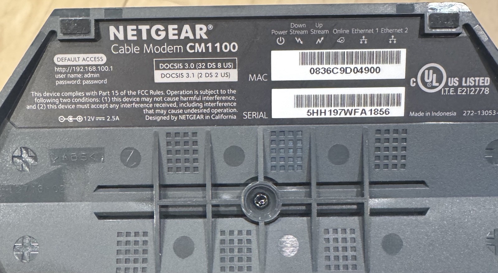 NETGEAR Nighthawk CM1100 Cable Modem with power adapter