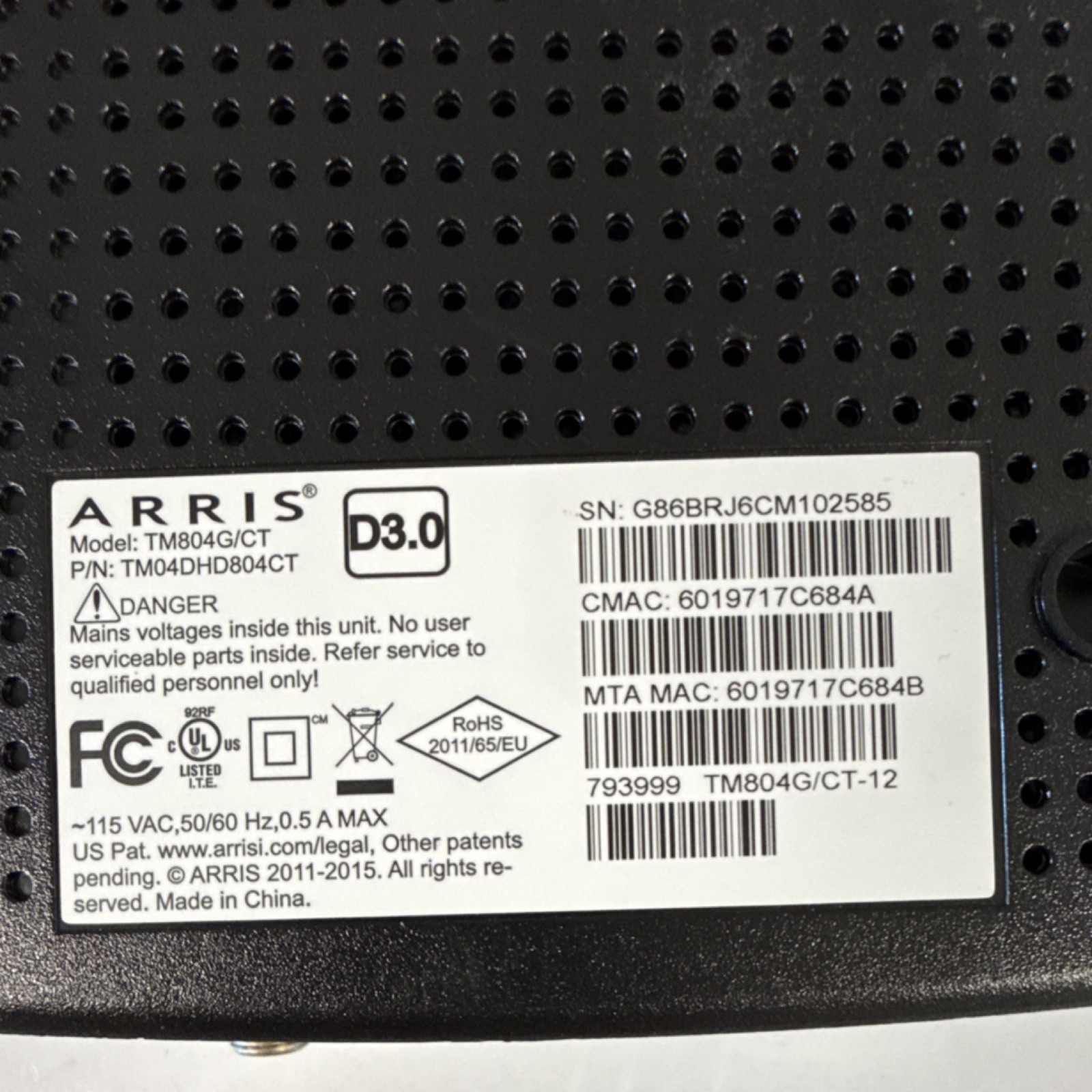 ARRIS TM804G/CT DOCSIS 3.0 Cable Modem Black Ethernet Coaxial Power Port