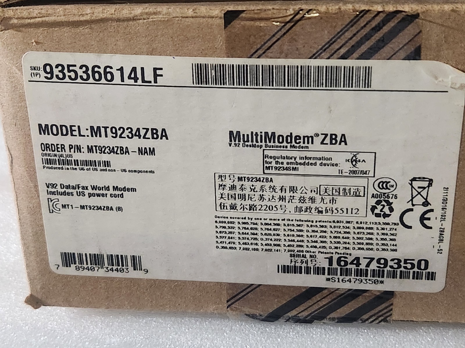 Multitech MT9234ZBA-NAM MultiModem ZBA V.92 Data/Fax World Modem New/Open Box