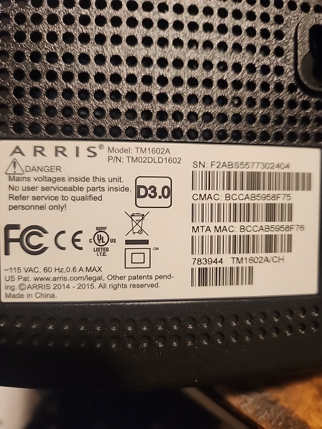 Arris Touchstone TM1602A Telephony Cable Modem16x4 Docsis 3.0 Free Ship