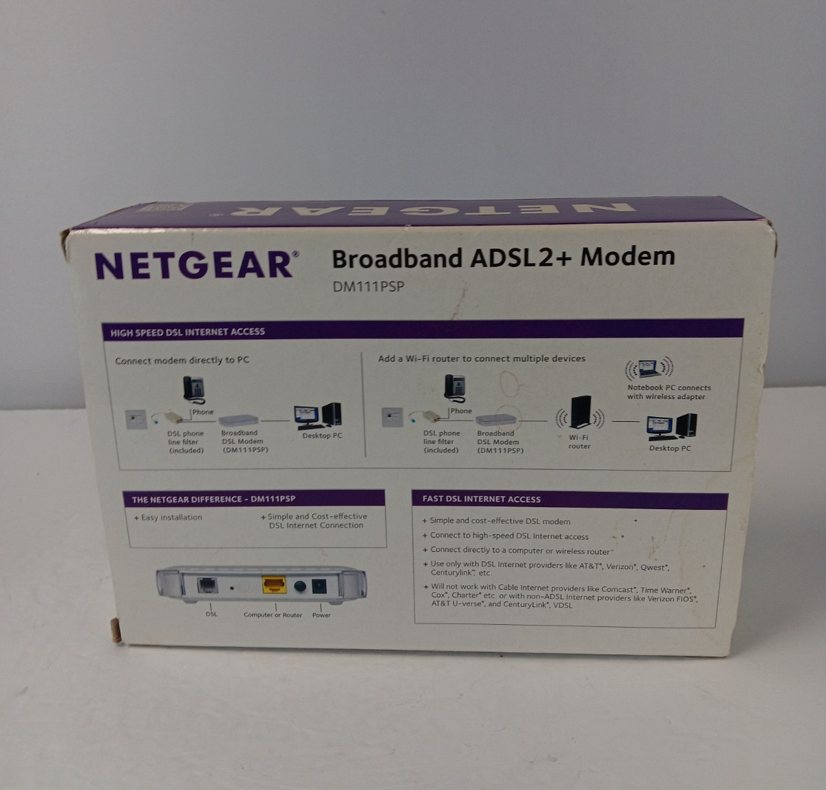 NETGEAR DM111PSP v2 Broadband ADSL2+ DSL Modem w/ Adapter & Ethernet Cable