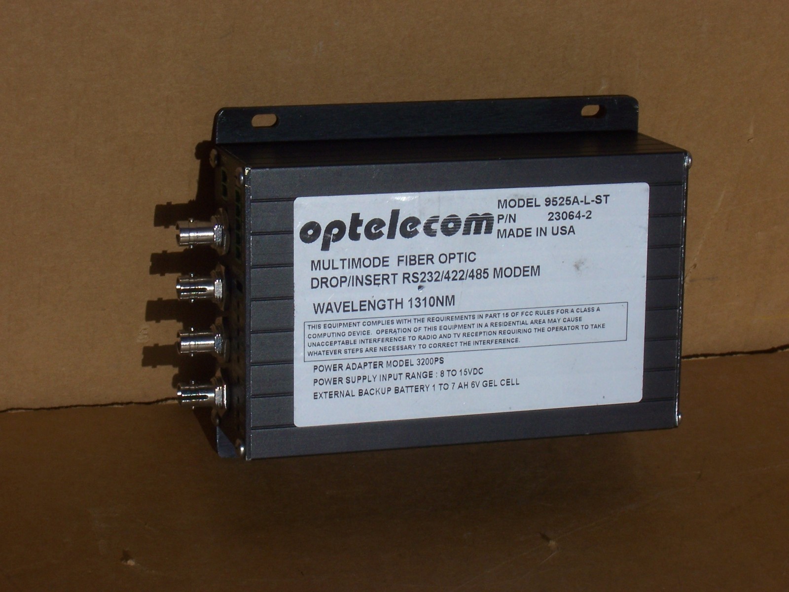 Optelecom 9525A-L-ST Multimode Fiber Optic DROP/INSERT RS232/422/485 Modem 1310N