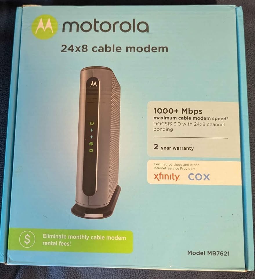 Motorola MB7621 Cable Modem Docsis 3.0 1000+ Mbps Xfinity Cox 24×8 Nib Router