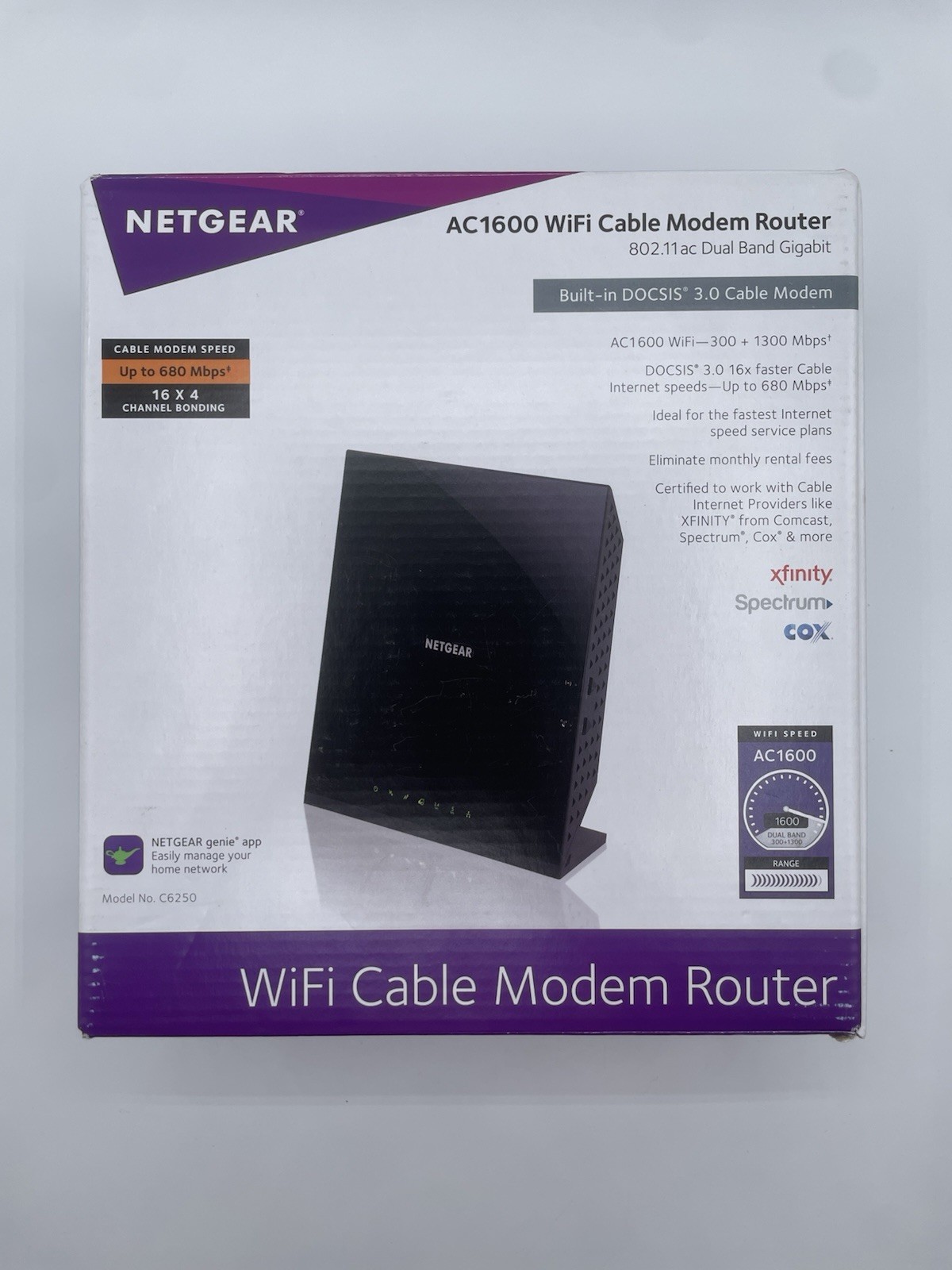 Netgear AC1600 Wifi Cable Modem Router C6250 Black Dual Band