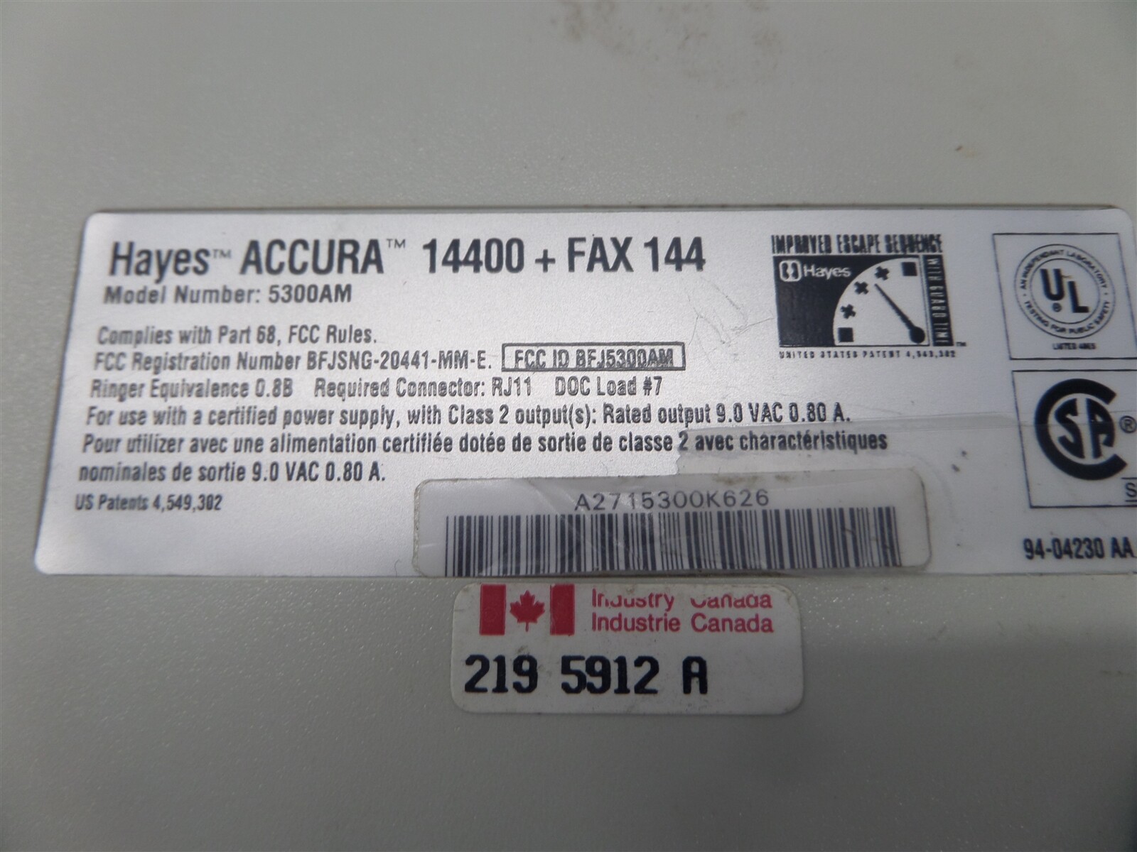 Hayes Accura 14400 144 Fax Modem 5300AM