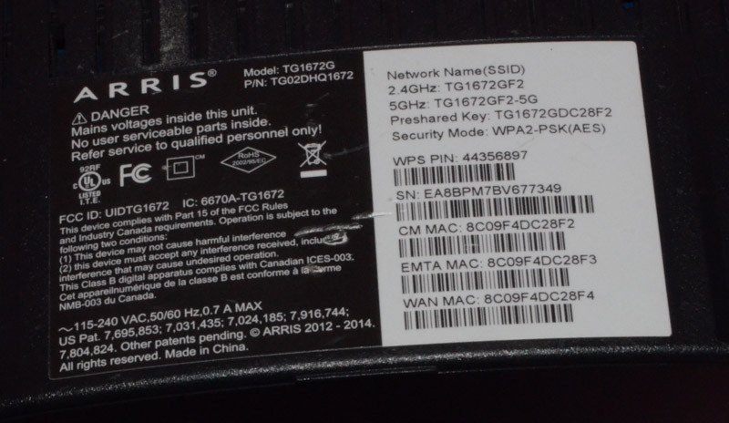Arris Cable Modem Model TG1672G.