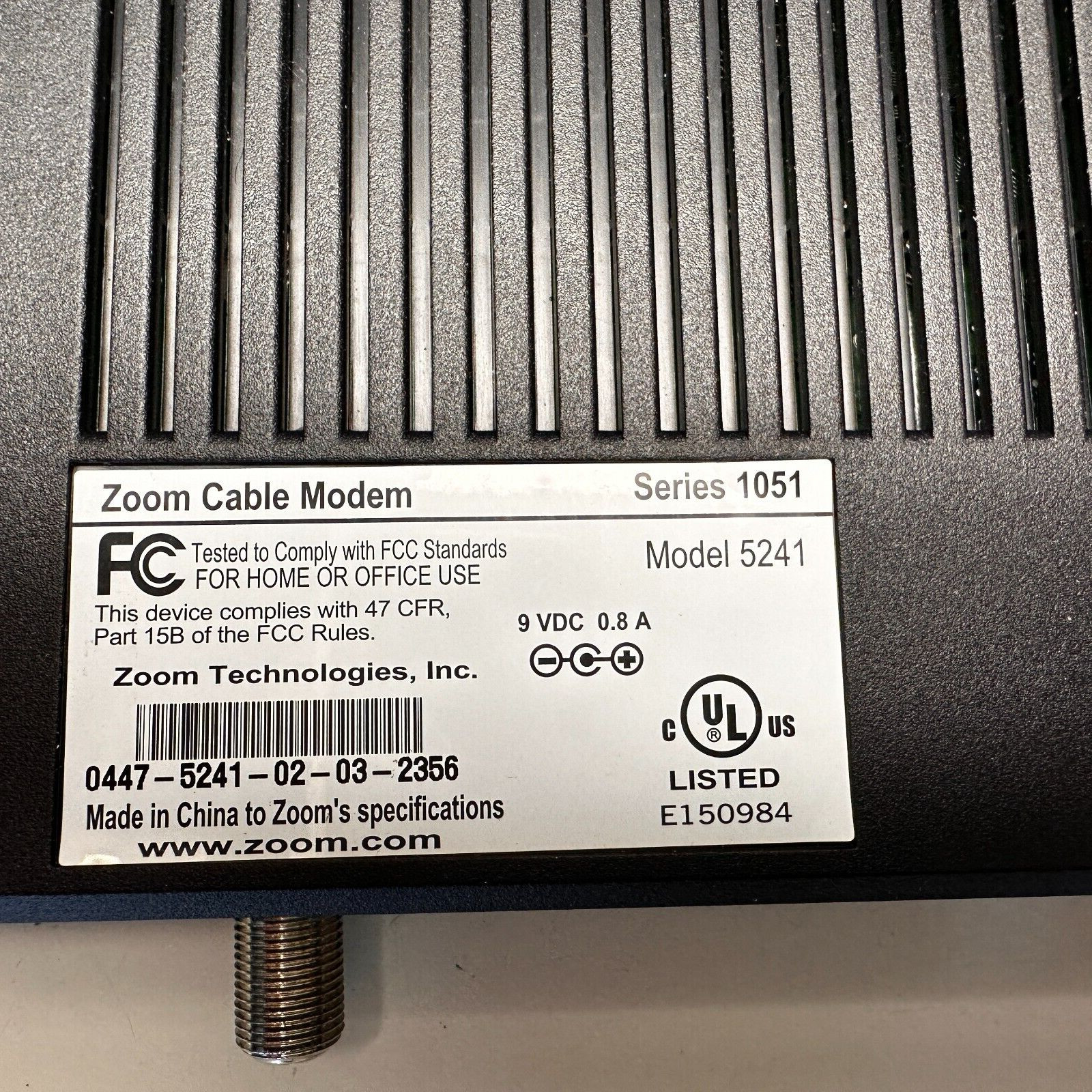 Zoom USB Ethernet Cable Modem Model 5241 Series 1051 With Power Cord