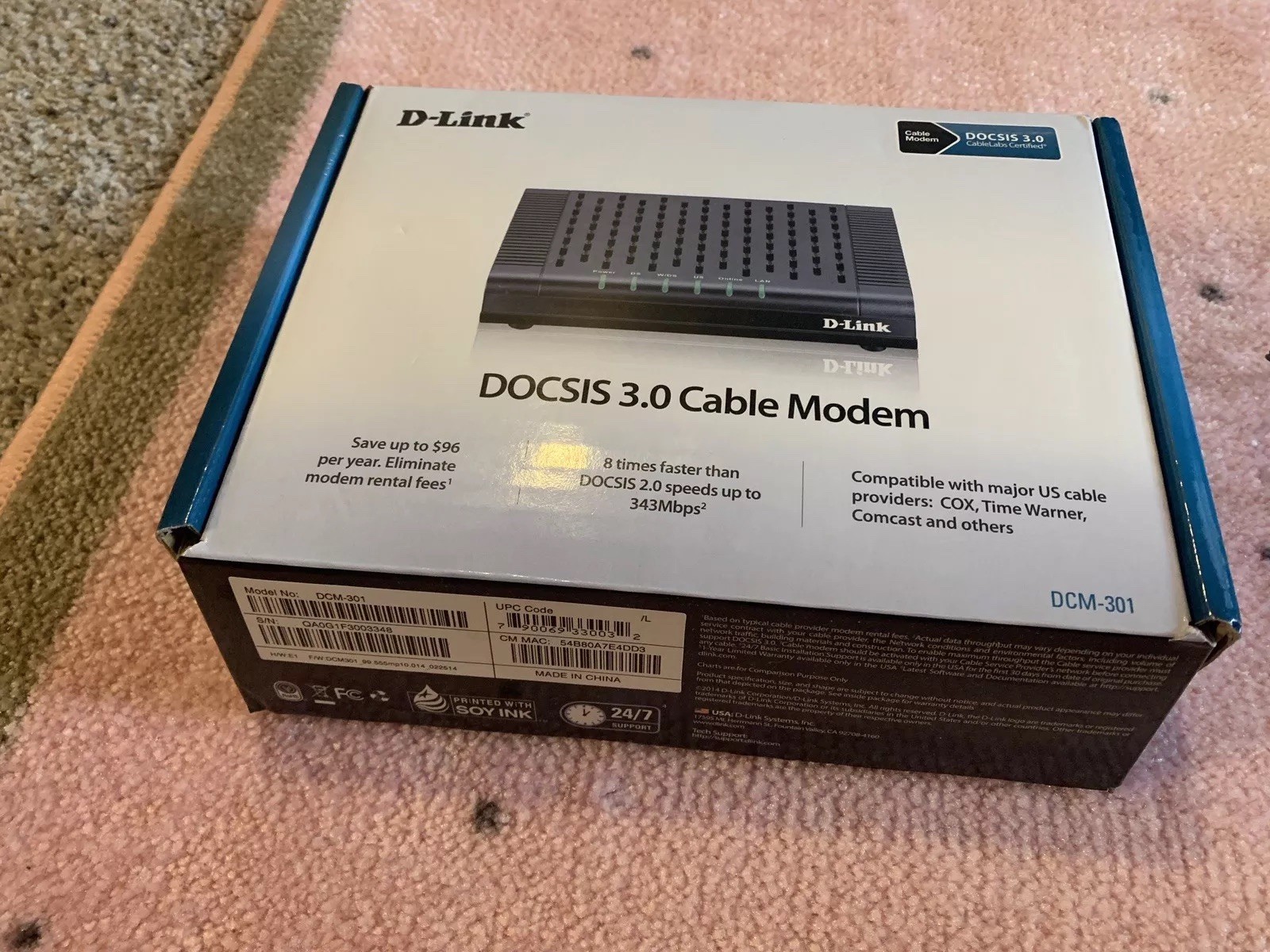D-Link DOCSIS 3.0 Cable Modem(DCM-301) 343Mbps Compatible w/ xfinity time warner