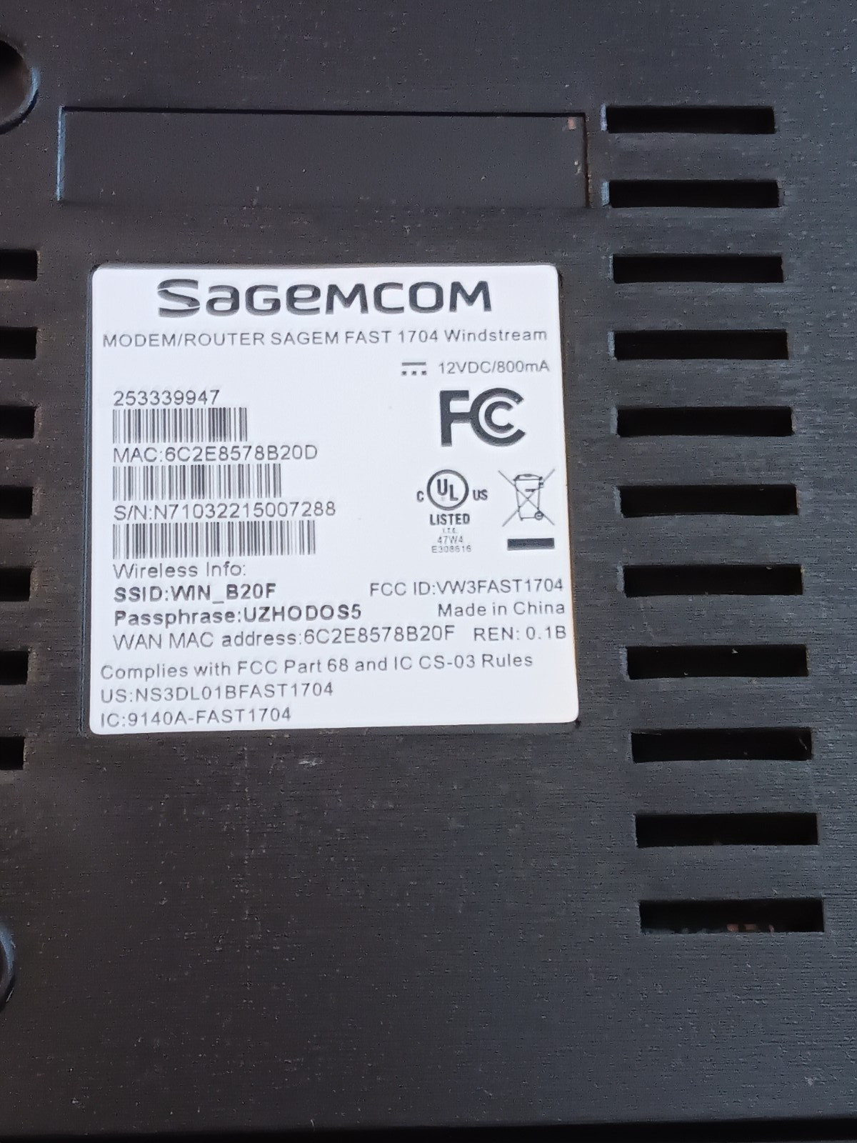 Windstream Sagemcom Modem w/ Power Cord Lot 12 VDC 800mA 253339947 1704 Sagem