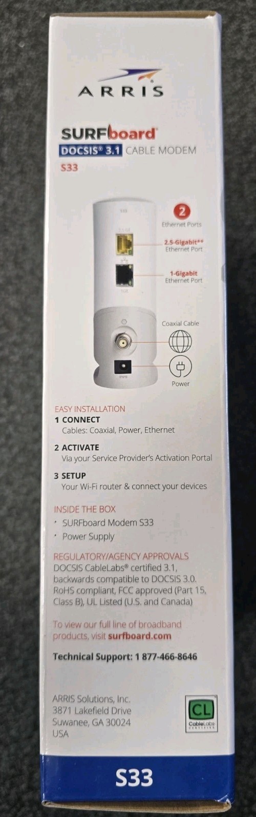 Arris Surfboard S33 V3 DOCSIS 3.1 Multi‑Gig Cable Modem | 2.5Gbps + 1Gbps White